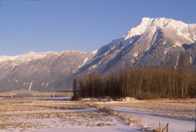 Cheam Peak is very visible from much of the upper Fraser Valley. The Agassiz–Rosedale Bridge is on the left.
