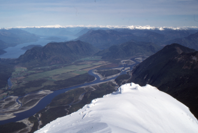 The view to the northwest from Cheam Peak, October 1989. Harrison Lake is at the upper left.