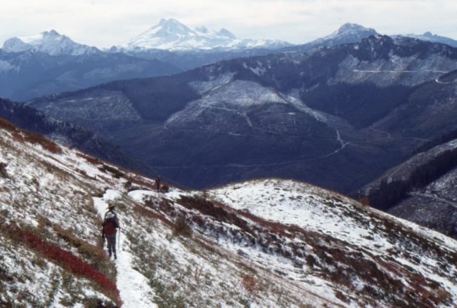 North Shore Hikers on the Cheam Peak Trail, with Mount Baker in the distance, October 1989.