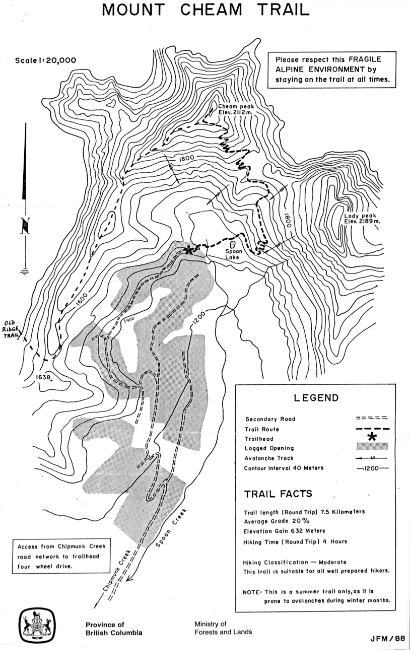 Map of the Mount Cheam Trail in 1988, published by <br>the BC Ministry of Forests and Lands.