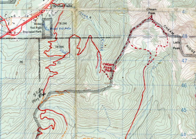 My edited map 92 H/4, showing roads drivable with my 1970 Chev Blazer in 1989, and the Cheam Peak trails.