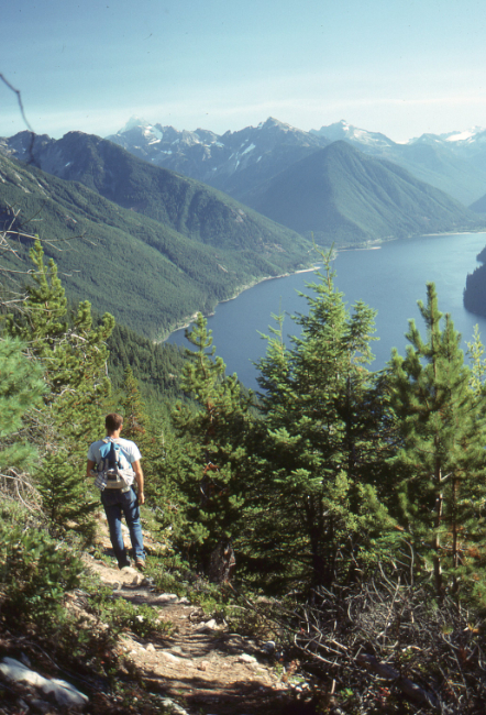 Murray Lundberg hiking high above Chilliwack Lake, BC. Heart of the Valley Magazine, Spring 1990.