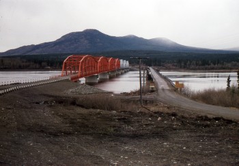 New and old Nisutlin Bay bridges at Teslin, Yukon, in the 1950s